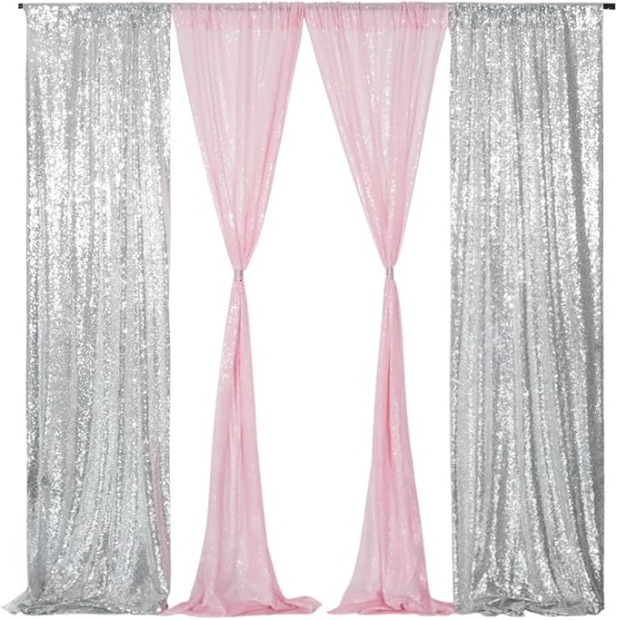 Juya Delight 4 Panels Silver&Pink Sequin Backdrop Curtain 2FTx8FT Glitter Sequin Backdrop Curtains for Birthday Party Wedding Decoration