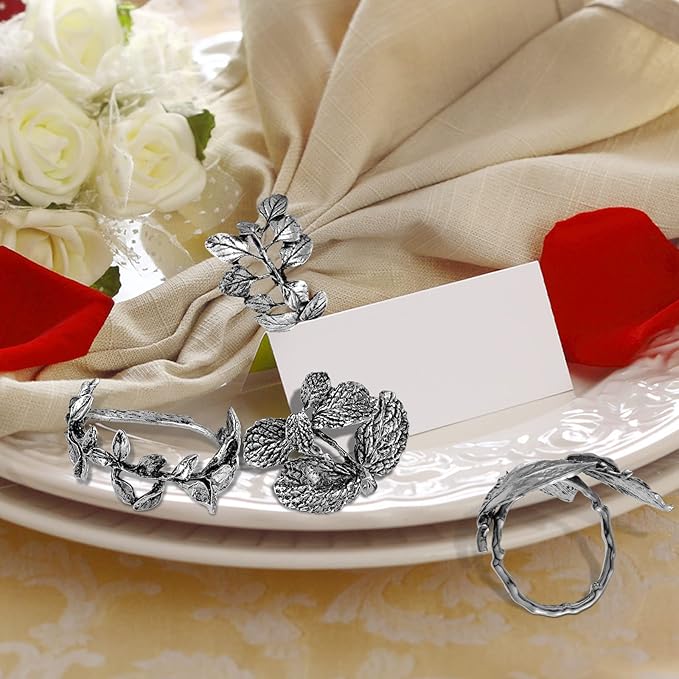 Cunhill 8 Pieces Herb Napkin Rings Set Vintage Leaf Napkin Holders Rings Glossy Holder Adornment Metal Table for Graduation Holidays Wedding Graduation Party Decor Everyday Use(Silver)