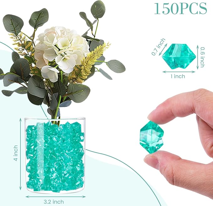 DomeStar Teal Fake Ice Rocks, 150PCS Acrylic Gems Crystals Plastic Shamrock Diamonds Centerpiece for Vase Fillers DIY Craft Wedding Party Table Scatter Decorations