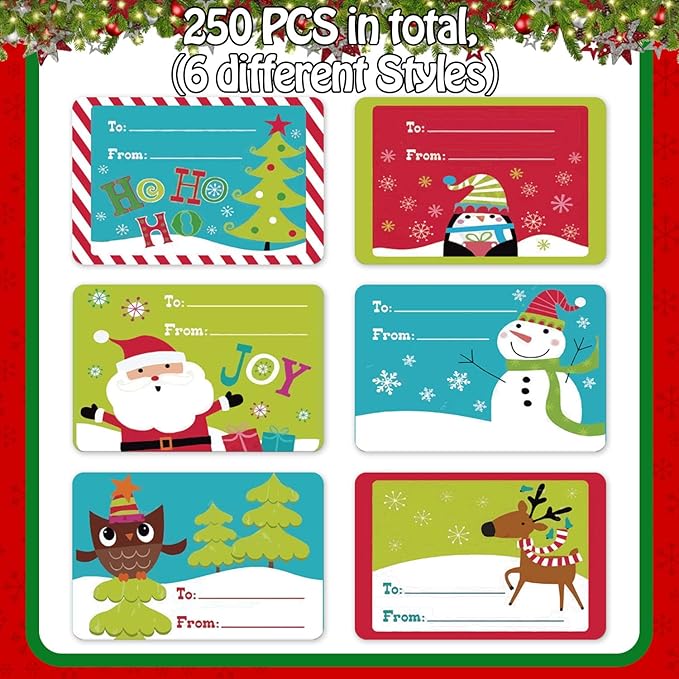 Cerlaza 250pcs Christmas Gift Tags for Holiday Presents Decoration, Santa Christmas Labels Self Adhesive Stickers, Xmas Name Tag Stickers for DIY Presents and Gifts