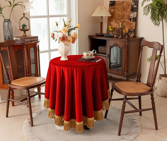 F-CHU Red Tablecloth Thickset Velvet Tablecloth with Beautiful Gold Tassels Vintage Table Cloth for Home Decor Wedding, Party, Banquet and Events 70" Round