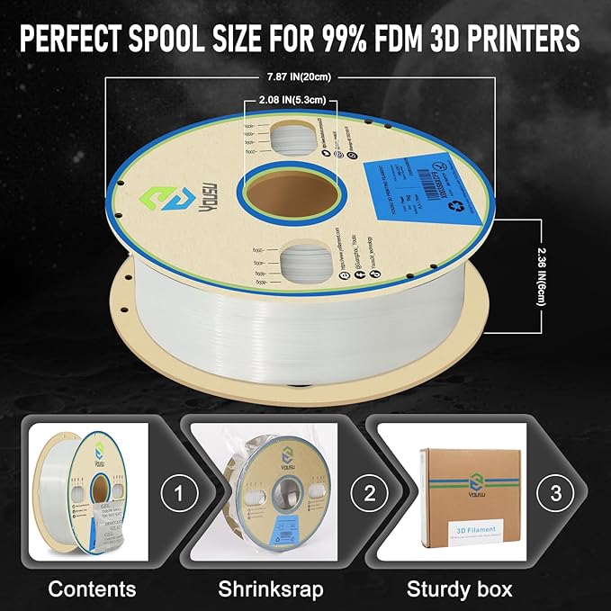 YOUSU 3D Printer Filament 1.75mm PLA Filament Glow in Dark White PLA Filament 3D Printing Filament 1kg(2.2lbs) Spool.