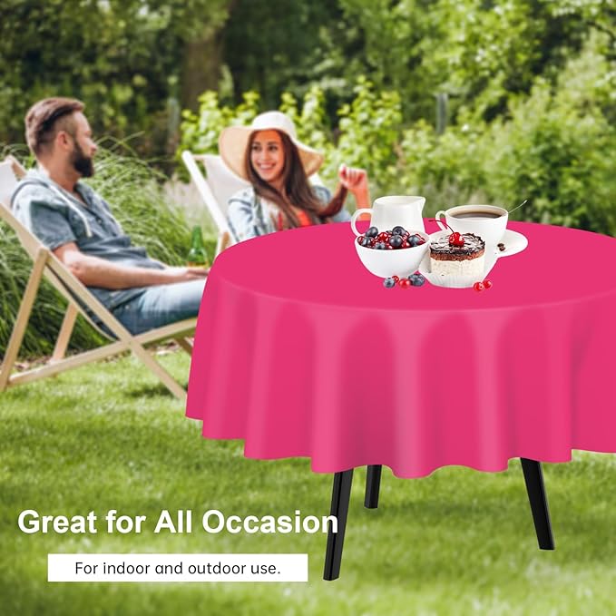 QIKSION Hot Pink Round Tablecloth 12 Pack, 84 Inch Plastic Table Cover Disposable for Parties