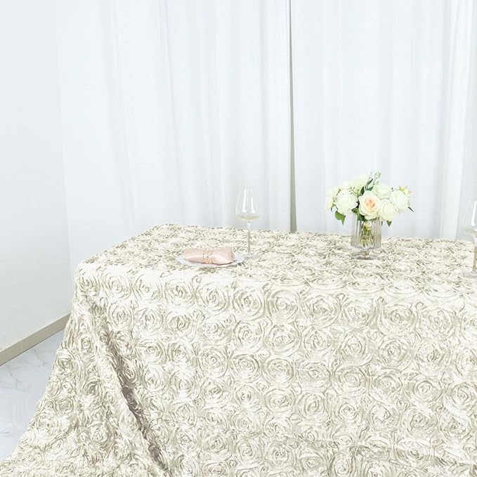 Efavormart 90"x156" Wholesale Rectangle Table Cover Ivory Grandiose Rosette 3D Satin Tablecloth for Wedding Party Event Decoration