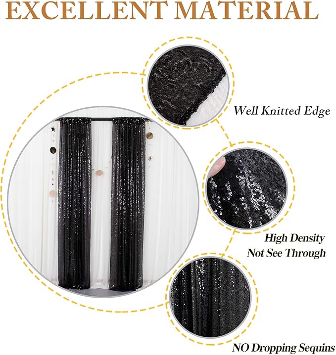 ShinyBeauty Black Sequin Curtains 2FTx8FT 4 Panels | Sparkly Photo Backdrop for Birthday, Halloween, Events | Elegant Glitter Background for Photography