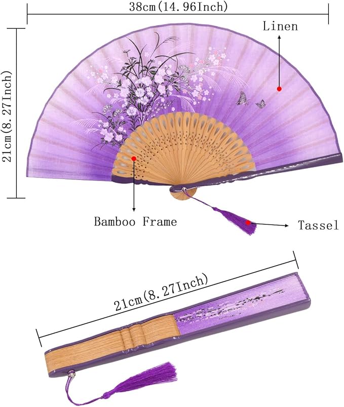 Amajiji Small Folding Hand Fan for Women, Chinese Japanese Vintage Style Bamboo Silk Fans for Party Wedding Dancing Decoration Gift Performance (AM-33)