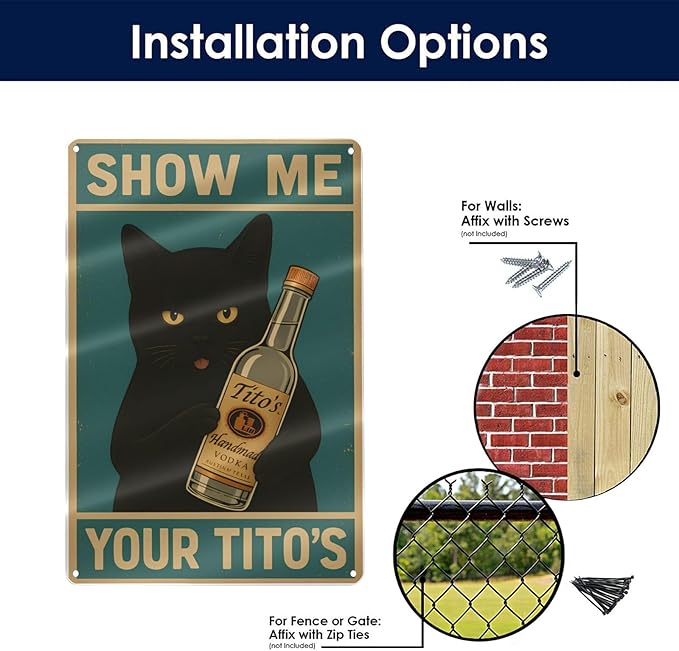 Funny Black Cat Bar Sign – “Show Me Your Tito's” Vintage Metal Wall Decor for Man Cave, Pub, or Home Bar – 12" x 8" Tin Poster
