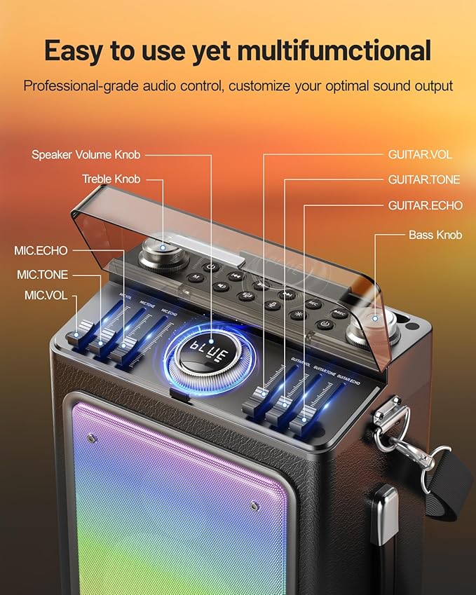 Karaoke Machine for Adults with 2 Wireless Microphones & Guitar Input, Professional Bluetooth 5.3 Speaker, Portable Wooden Karaoke PA System with Bass/Treble Adjustable for Backyard, Home Party