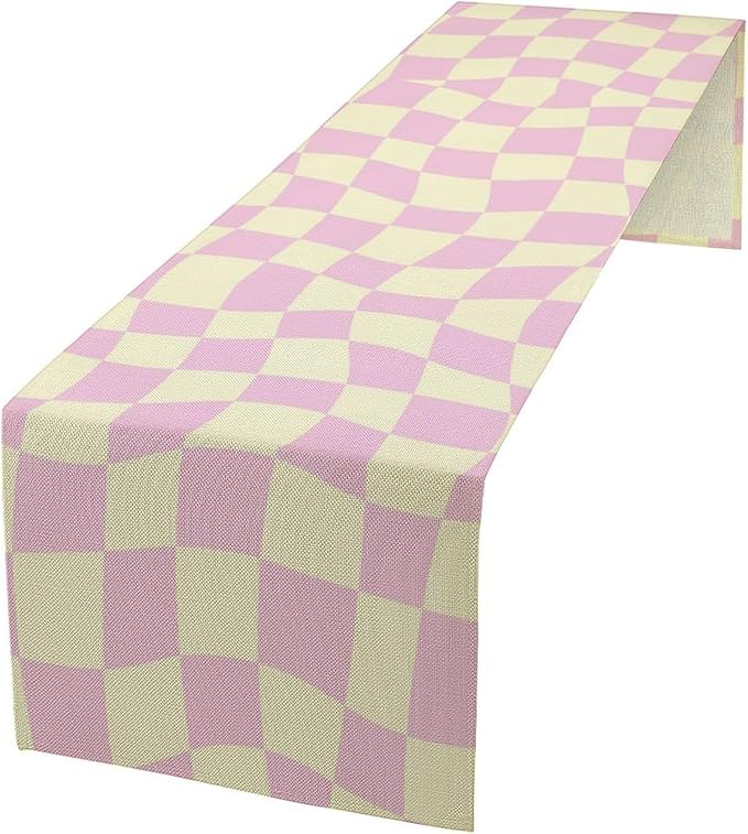 Hippie Table Runner Retro Geometric Square Purple Grid 60s70s Style Kitchen Restaurant Decoration for Indoor and Outdoor Wedding Party Table Runner 13x36 Inch