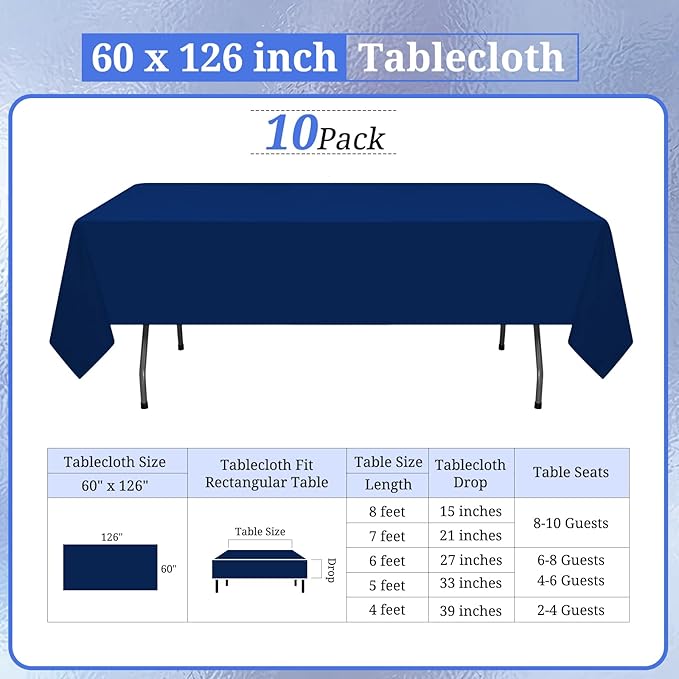 10 Pack Navy Blue Tablecloths for 8ft Rectangle Tables 60 x 126 Inch - Polyester Table Cover Stain and Wrinkle Resistant Washable Fabric Table Clothes for Wedding Party Banquet Reception Restaurant