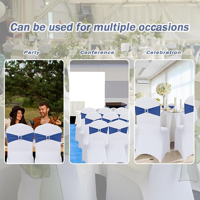 Joccun 120 PCS Spandex Chair Sashes Bows Stretch Chair Cover Band with Buckle Slider Universal Elastic Chair Ties for Wedding Banquet Party Event Decoration (Navy)