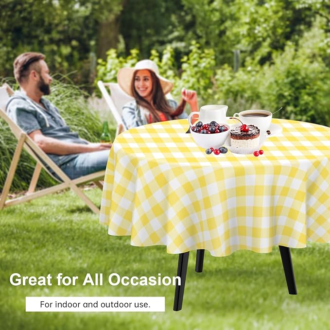 QIKSION Yellow Gingham Round Tablecloth 6 Pack, 84 Inch Plastic Checkered Table Cover Disposable for Parties