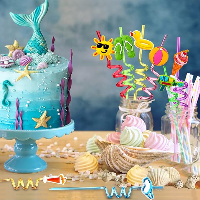 24Pcs Beach Drinking Straws Beach Ball Pool Summer Birthday Party Supplies Decorations with 2Pcs Cleaning Brushes