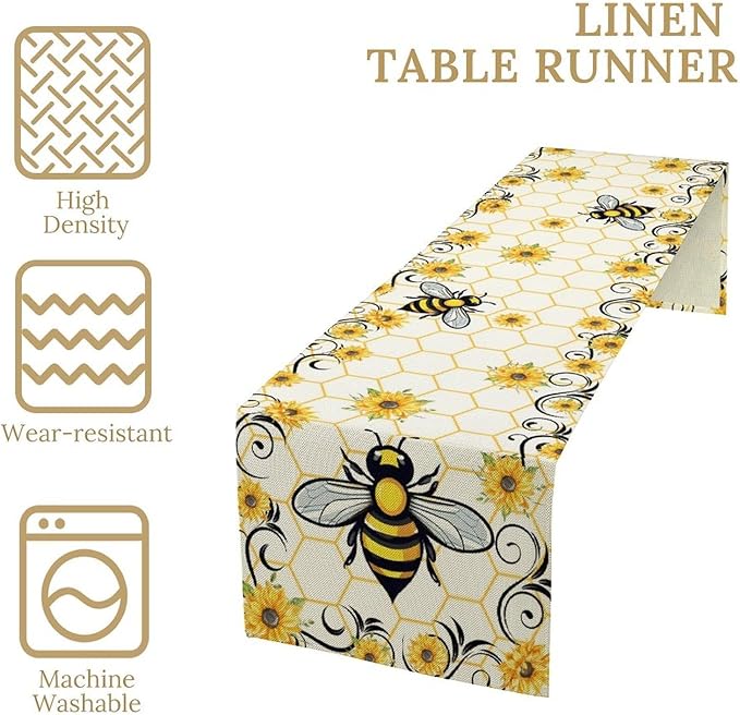 Bee Sunflower Table Runner, Farmhouse Orange Honeycomb Vintage Spring Summer Flowers Print Table Cover for Party Wedding Home Kitchen Dining Table Decor, 13x60inch