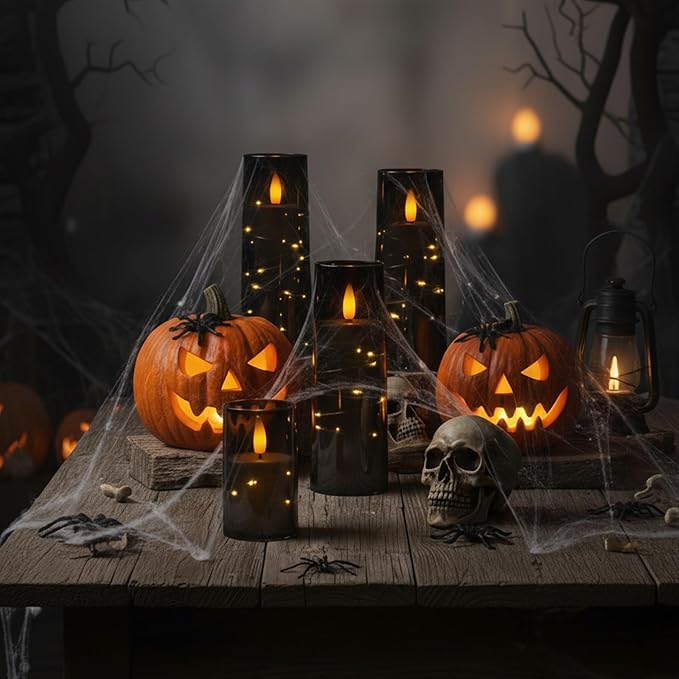 Raycare Flameless Candle with Remote Timer – 5 Flickering Acrylic Battery Operated LED Pillar Candles with Embedded Star String for Halloween, Home Decor, and as a Gift(Black)