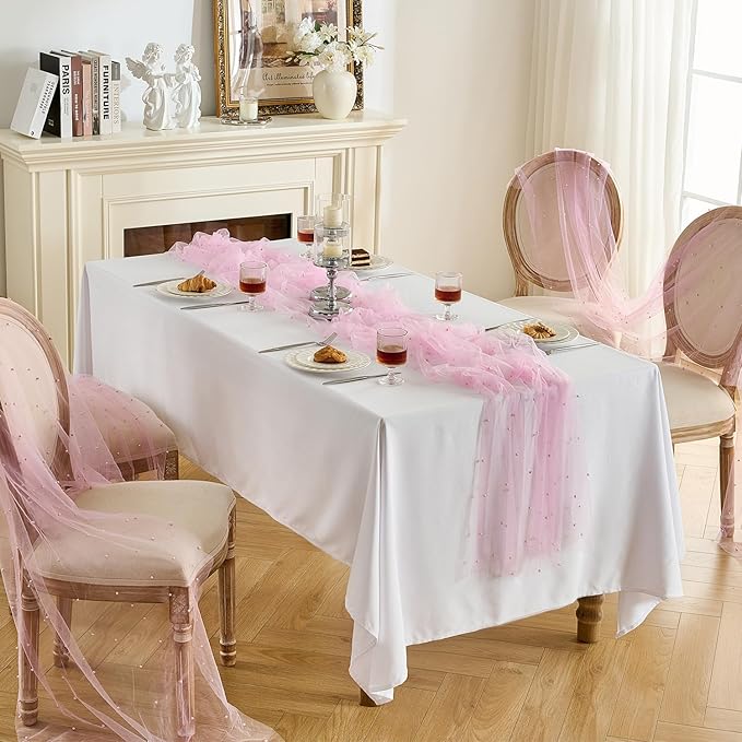 Fanami 1 Pack Pearl Table Runner -10FT Blush Pink Boho Tulle Table Runners 120 Inches Long Rustic Sheer Lace Fabric Centerpieces for Wedding Arch Birthday Party Bridal Veil Baby Shower Decorations