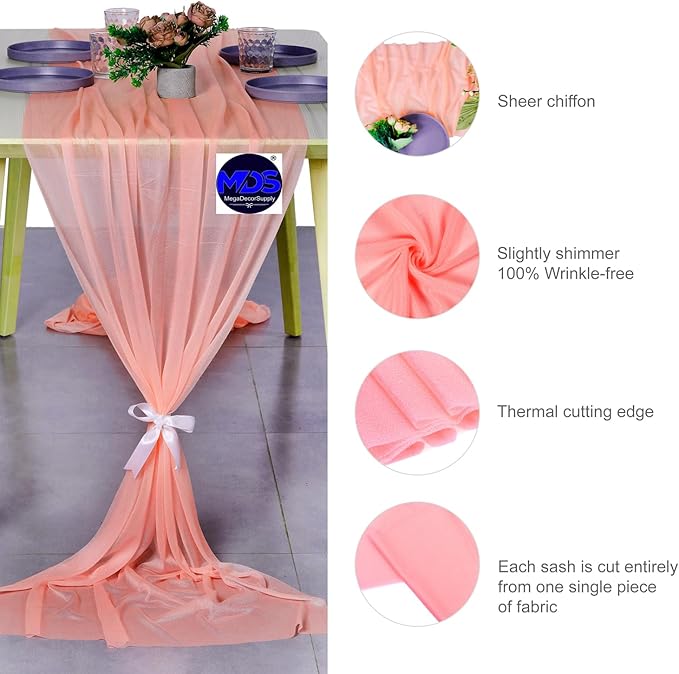 MDS 15 Pack 10ft Chiffon Table Runner 29 x 120 Inches Sheer Wedding Runner Romantic Rustic Table Runner for Wedding Decorations, Birthday Parties, Bridal Shower Party Arch Decor - Peach