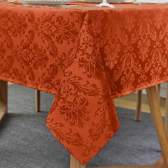 SASTYBALE Jacquard Rectangle Tablecloth, Rusty Spill-Proof Wrinkle Resistant Damask Table Cloth, Soft Polyester Oblong Table Cover for Kitchen Parties Thanksgiving - 60 x 102 Inch Rust