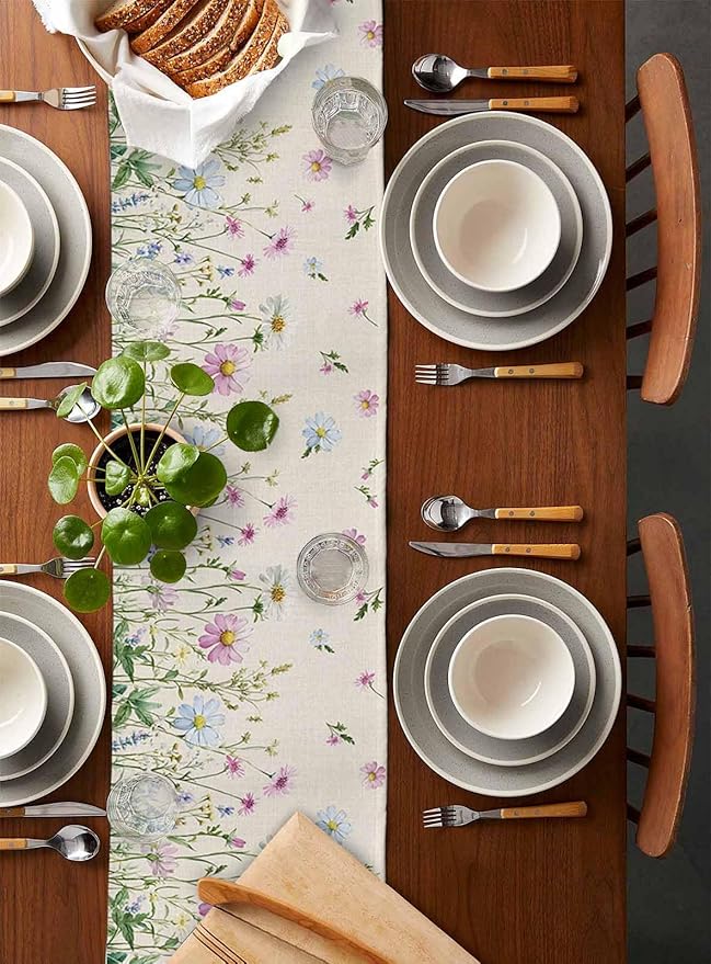 Vintage Wildflowers Cotton Linen Table Runner for Dining Kitchen, Wedding Outdoor Party Tablerunners Decoration, Farm Floral Pink Botanical Plants Dresser Scarf Coffee Tablecloth Runners 13x120 Inches