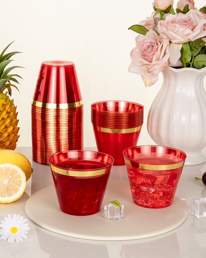 Goodluck 50PCS 9oz Red and Gold Plastic Cups for Party, Disposable Gold Rim Cups, Plastic Cocktail Glasses for Wedding Thanksgiving, Christmas, and Parties