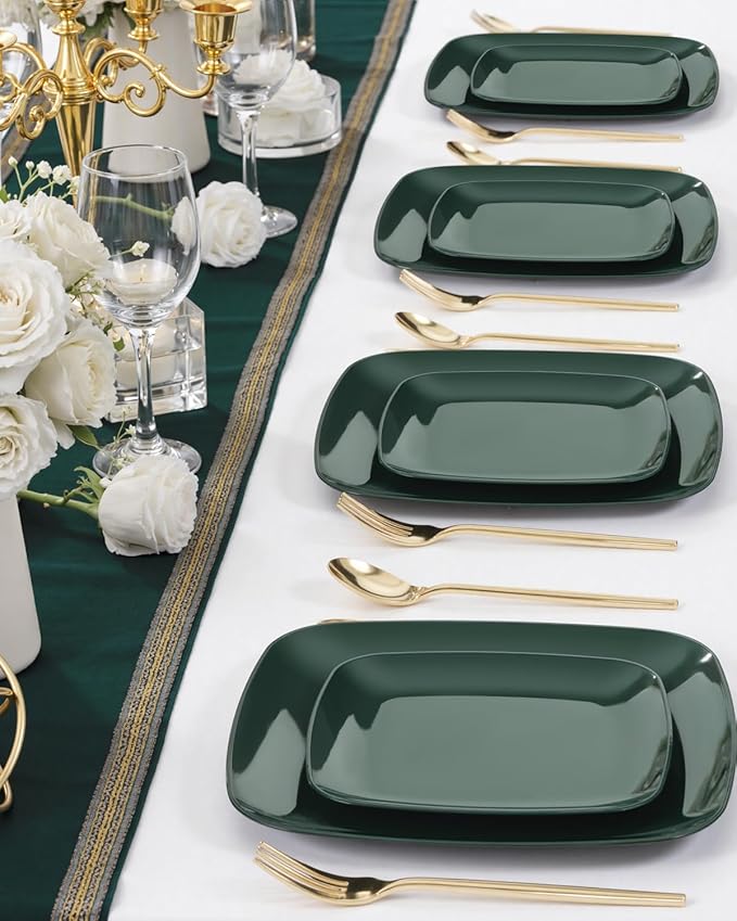 PULOTE 100PCS Green Plastic Plates - Green Square Disposable With Gold Rim - Include 50 Dinner 10inch, 50 Dessert 7.25inch Plates for Party&Christmas