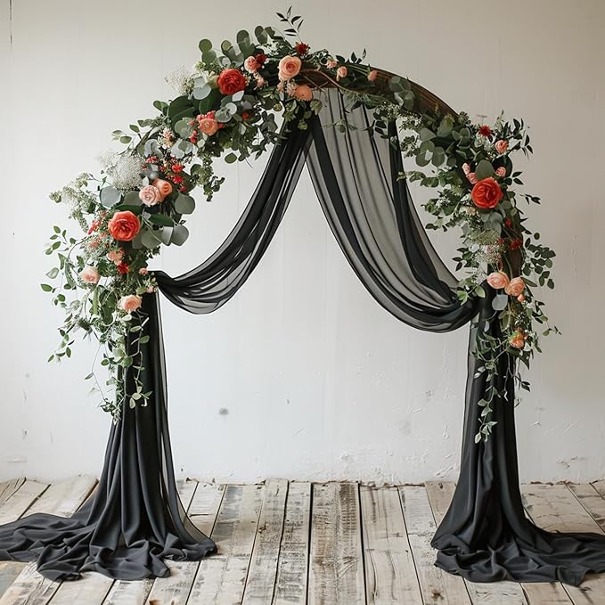 Wokceer Wedding Arch Draping Fabric - 6 Panels, 28.7" x 20FT Black Sheer Drapes for Wedding Ceremony, Birthday Party, Bridal Shower Decoration