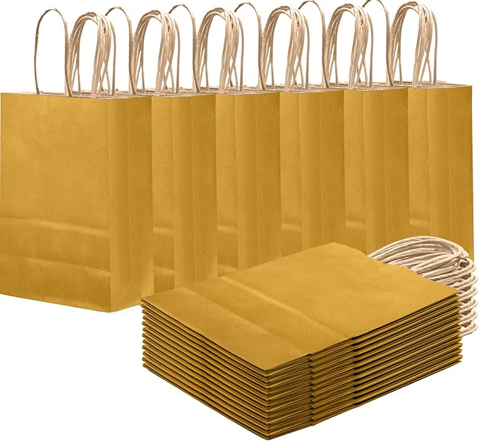 qiqee Mustard Yellow Gift Bag with Handles Bulk 24Pcs Paper Bags -8.3"x6"x3. 15" Party Favor Bags - Solid Color