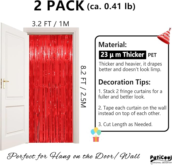 Christmas Decorations Red Streamers - Thicken 2 Pack 3.2 x 8.2 FT - Red Tinsel Foil Fringe Curtains Party Backdrop for Birthday, Casino, Carnival, Cherry, Hollywood Red Carpet Party Decorations