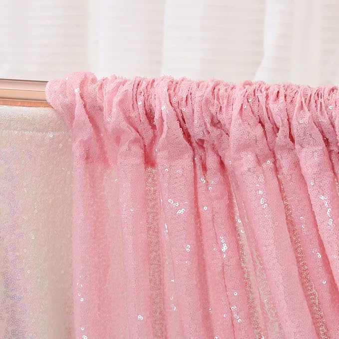 Poise3EHome 2Pcs 3Ft x 8Ft Pink Sequin Backdrop Curtain, Glitter Photography Background, Sequence Xmas Thanksgiving Backdrop for Wedding Party Holiday Festival Decor