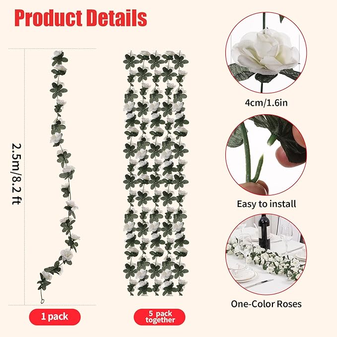 5 Pcs 41FT Flower Garland, Artificial Rose Garland Flowers Plants Fake Flower Hanging Rose Ivy, Birthday Party Valentine's Day Wedding Wall Arch Decor（White）