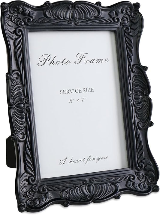 Cuspin 5x7 Black Picture Frame, Vintage Ornate Decorative Hand-Carved Resin Photo Frame with Detailed Design for Tabletop Display or Wall Hanging, Black Home Decor