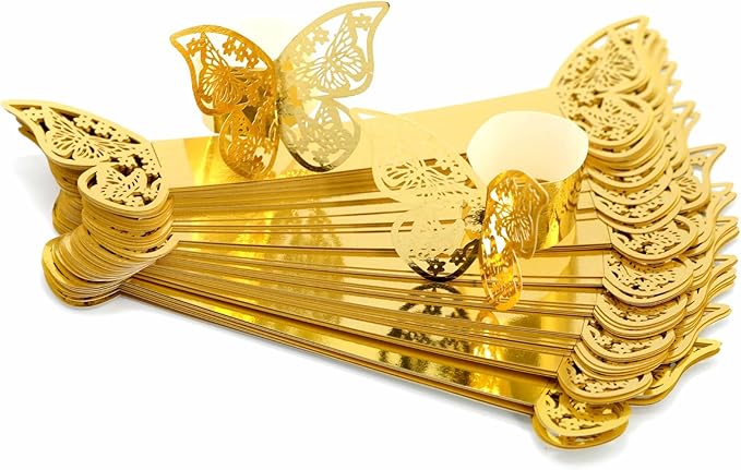 100 Pcs Napkin Rings Laser Cut Butterfly Shape Foil Paper Napkin Holder for Weddings Party Serviette Table Decoration Restaurant (Gold)