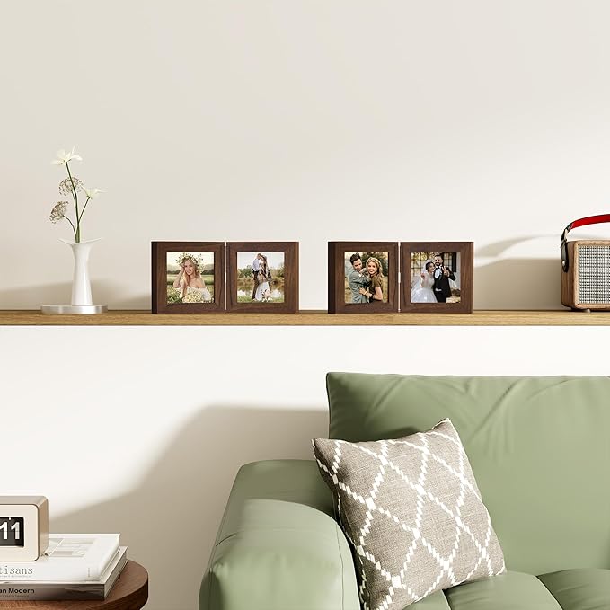 decorUhome Double 4x4 Picture Frame Vertical, Engineered Wood Bifold Photo Frame with Plexiglass for Tabletop Display, 4x4, Brown
