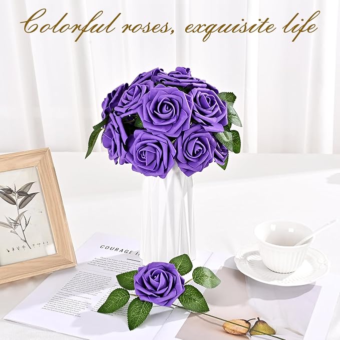 BLEUM CADE 36Pcs Artificial Flowers Fake Roses with Stems, Deep Purple Boxed Foam Roses for DIY Bouquets Centerpieces Wedding Party Arrangement Bridal Shower Decor