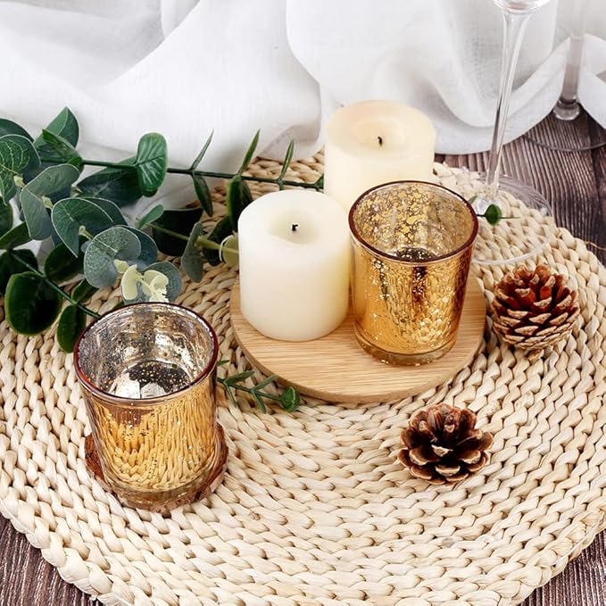 Gold Mercury Glass Tea Light Holders Set of 36 - Elegant Votive Candle Holders for Weddings, Showers and Home Decor - Perfect for Table Centerpieces and Parties (Glass, Gold)