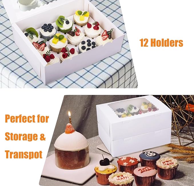 6-Set Cupcake Boxes Hold 12 Standard Cupcakes, Food Grade Cupcake Holders Bakery Carrier Boxes with Windows and Inserts for Cupcakes, Muffins and Pastries (White-6 Pack)