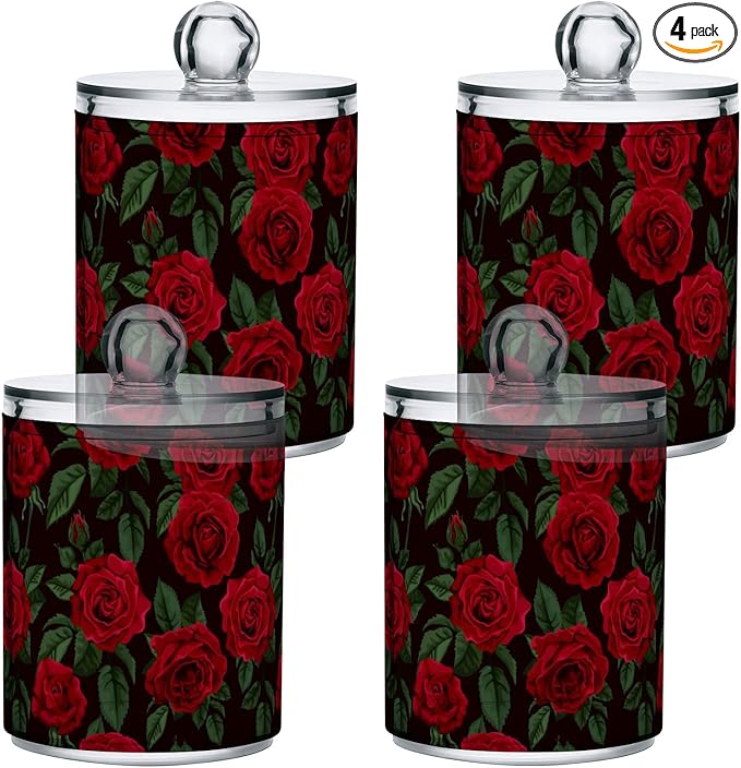 Gredecor Qtip Holder Dispenser 4 Pack Red Rose Flowers Leaves Apothecary Jars with Lids Bathroom Vanity Countertop Canister Storage Organizer for Cotton Ball,Swabs,Pads,Floss