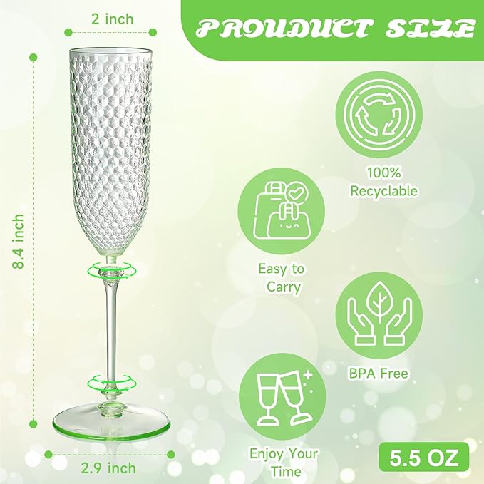 XUWAIDSGN 48 Pack Green Detachable 2 piece Champagne Flutes 5.5 Oz Unbreakable Plastic Mimosa Disposable Champagne Glasses Drinking Cups Stemmed Reusable Wine Toasting Glasses for Wedding