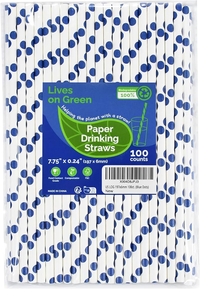 100 Counts Blue Polka Dots Paper Disposable Drinking Straws 7.75 inch, 0.24" Dia. - for Cocktail, Juice, Bar, Restaurant