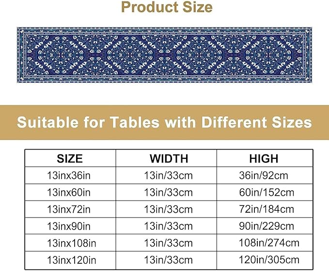 Boho Floral Vintage Table Runner, Retro Morris Abstract Blue Flower Rustic Country Farmhouse Pattern for Home Kitchen Table Decor Dining Coffee Room Wedding Party Decor 13x60in