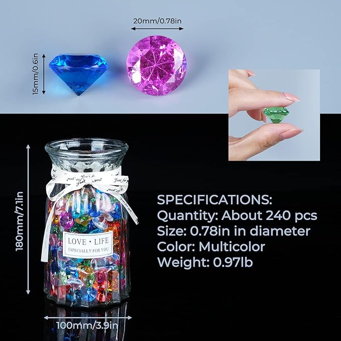 Acrylic Diamond Fake Gems Vase Filler, Babenest 240pcs 3/4 Inch Faux Diamonds Crystals Jewels for Table Scatters Wedding Party Easter Event Arts & Crafts Birthday Decoration Favor (Multicolor)