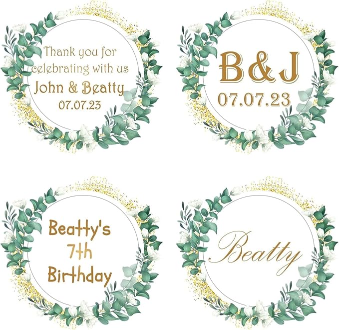Custom Stickers for Weddings, Birthdays & Businesses - Personalized Labels with Your Logo - Waterproof, Fade and Heat Resistant - Pack of 100-1000 (Wreath V, 1.5 Inch)
