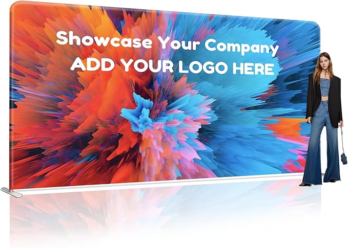 Custom Stand Backdrop with Aluminum Stand, 7.5x16.4ft Commercial Tension Fabric Banner, Double-Sided Printing for Trade Show, Weddings, Party, Business