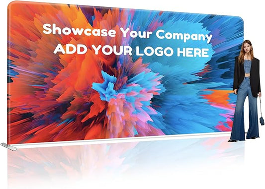 Custom Stand Backdrop with Aluminum Stand, 7.5x16.4ft Commercial Tension Fabric Banner, Double-Sided Printing for Trade Show, Weddings, Party, Business