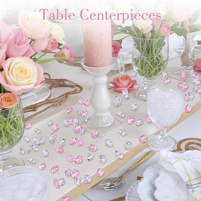 DomeStar Fake Ice, 150PCS Acrylic Fake Diamonds Vase Fillers Pink and Transparent Rocks Plastic Gems for Party Table Scatter Decor