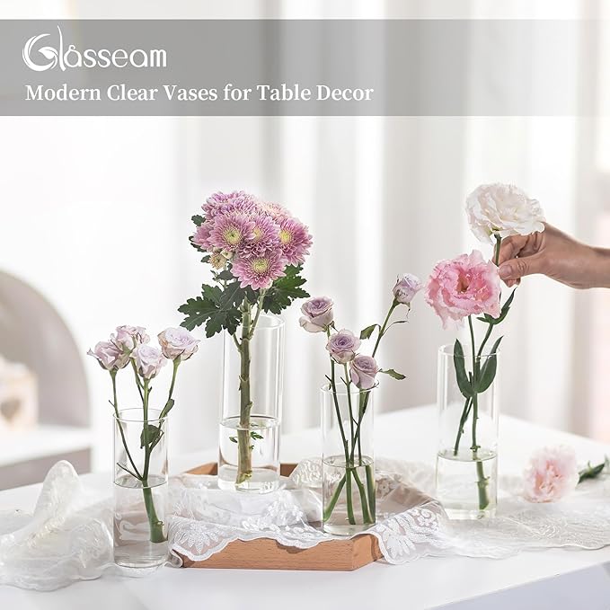 Glasseam Glass Cylinder Vase in Bulk: 12pcs Clear Small Bud Flower Vases for Centerpieces - Modern Hurricane Pillar or Floating Candle Holder for Wedding Party Table Living Room Home Decor, Tall 6"+7"