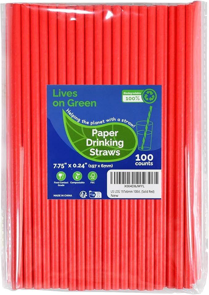Disposable 7.75 inch Solid Red Paper Straws 100 Counts for Drinking, Decoration, Cake Pops, DIY Arts & Crafts - Eco-friendly