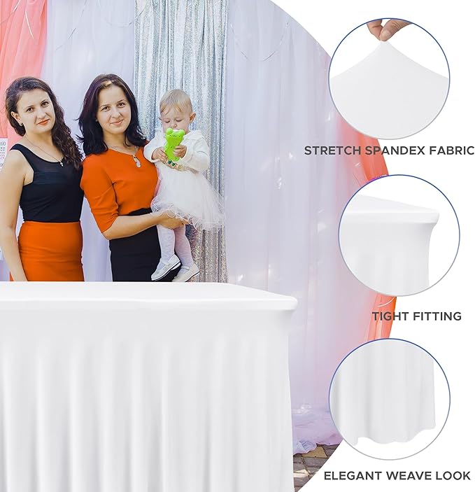Nasitos White Table Skirt for 8 Foot Rectangle Tables, 4 Pack - 96 x 30 Inch - Stretch Spandex Fitted Table Clothes, Fabric Table Covers Cocktail Tablecloths for Party, Banquet, Birthday
