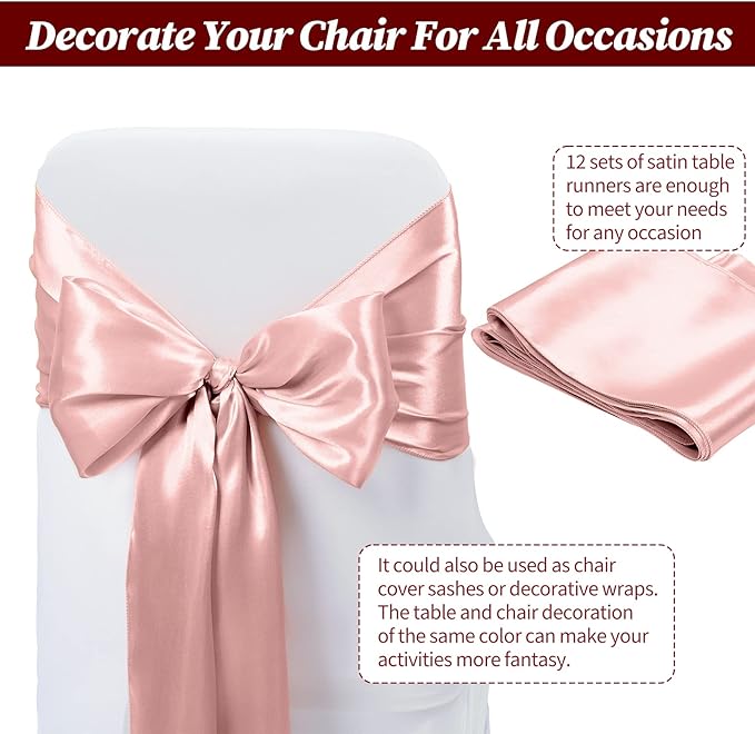 12 Pack Rose Gold Satin Table Runner,12 x 108 inch Long Premium Smooth Table Runner for Wedding, Banquets, Birthday, Party, Graduation, Engagements,Table Runners fit Rectangle and Round Table
