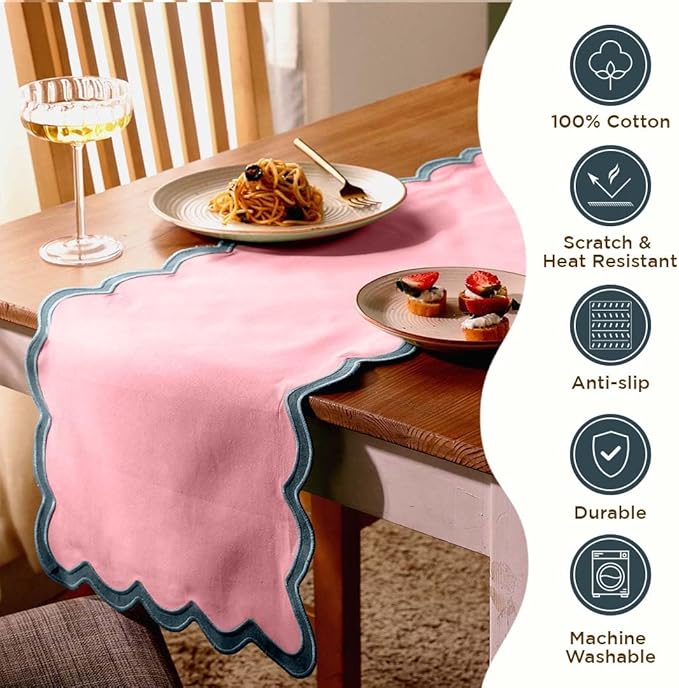 Folkulture Table Runner | Table Runners 72 inches Long | Scallop Table Runner for Farmhouse Decor or Boho Decor | Boho Pink Table Runners for Dining Room Table Decor | Pastel Party Decorations